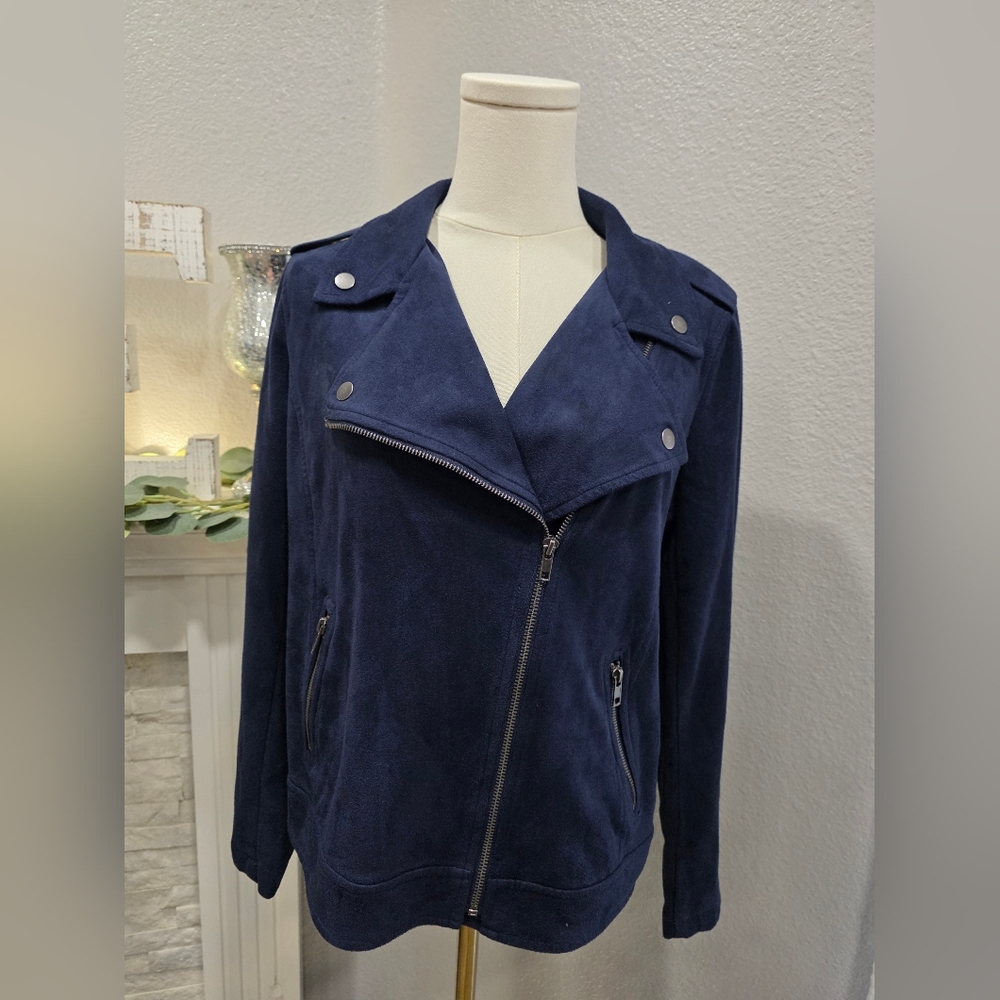 Style & Co Blue Leather Moto Jacket Asymmetrical Design